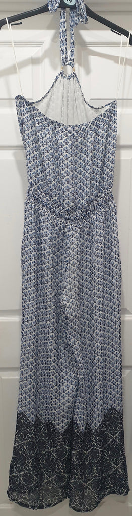 TORY BURCH Blue & White Silk Printed Halter Neck Elastic Waist Wide Leg Jumpsuit