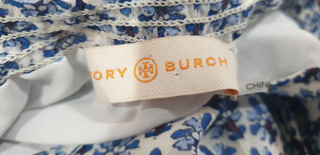 TORY BURCH Blue & White Silk Printed Halter Neck Elastic Waist Wide Leg Jumpsuit