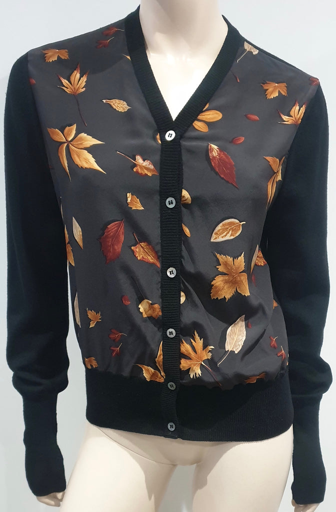 SALVATORE FERRAGAMO Charcoal Black Wool & Silk Multi-Colour Leaf Print Cardigan
