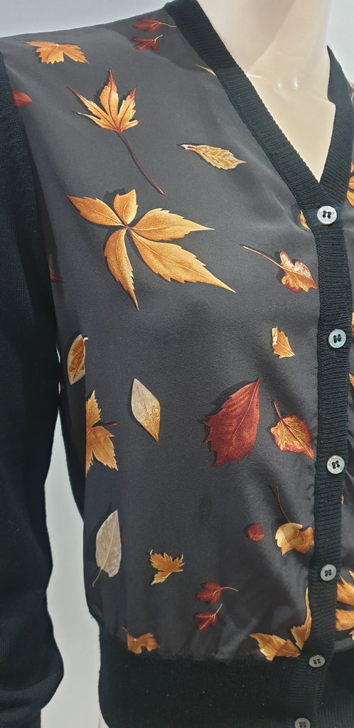 SALVATORE FERRAGAMO Charcoal Black Wool & Silk Multi-Colour Leaf Print Cardigan