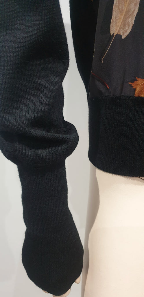 SALVATORE FERRAGAMO Charcoal Black Wool & Silk Multi-Colour Leaf Print Cardigan