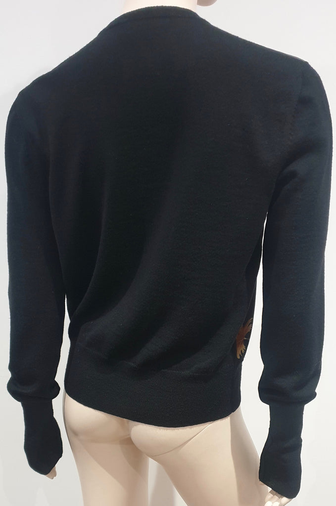 SALVATORE FERRAGAMO Charcoal Black Wool & Silk Multi-Colour Leaf Print Cardigan