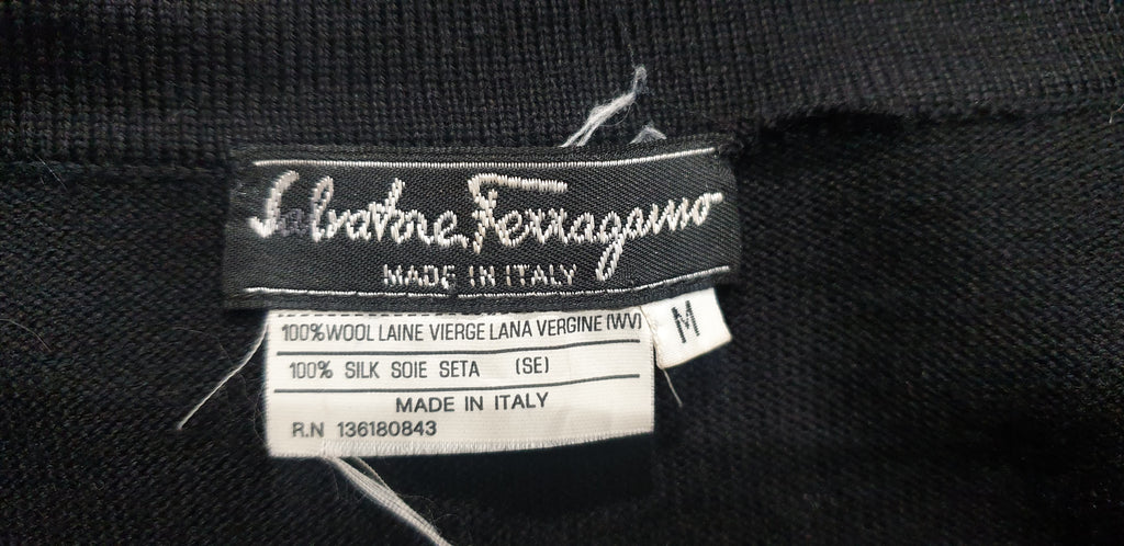 SALVATORE FERRAGAMO Charcoal Black Wool & Silk Multi-Colour Leaf Print Cardigan