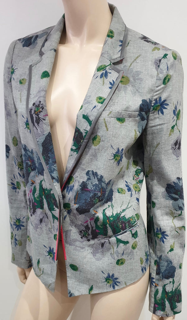 ELIZABETH & JAMES Heather Grey Cotton & Silk Trim Floral Print Blazer Jacket 10