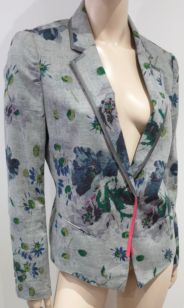 ELIZABETH & JAMES Heather Grey Cotton & Silk Trim Floral Print Blazer Jacket 10