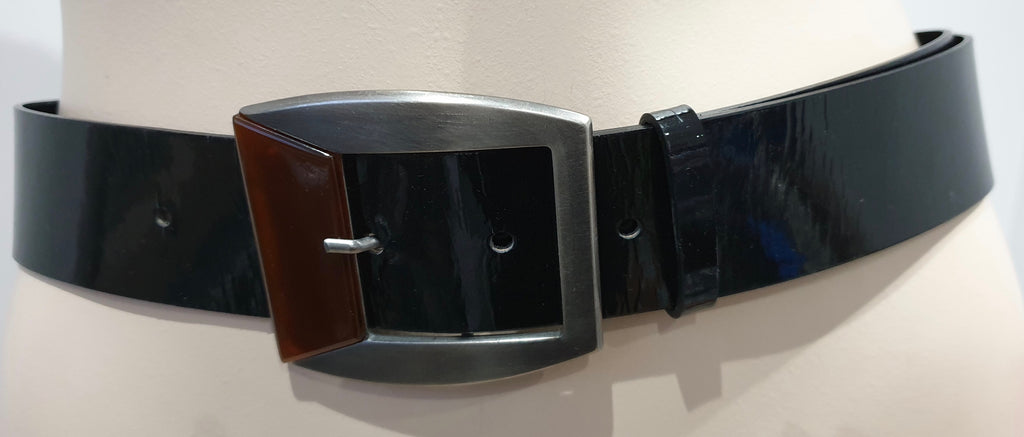 MARNI Made In Italy Women's Black Patent Leather Enamel Buckle Detail Belt Sz:75