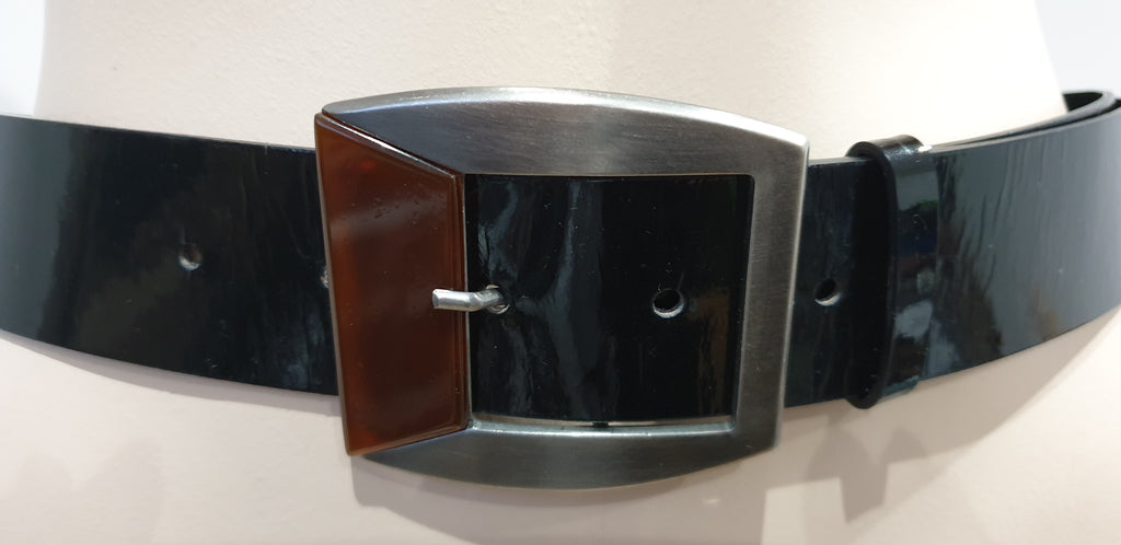 MARNI Made In Italy Women's Black Patent Leather Enamel Buckle Detail Belt Sz:75