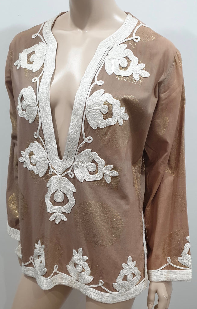 TAJ BY SABRINA CRIPPA Brown Gold Metallic & Cream Trim Embroidered Kaftan Top L