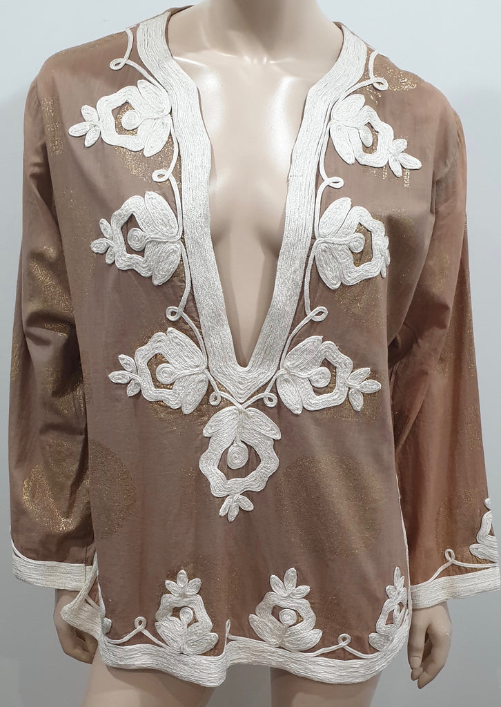 TAJ BY SABRINA CRIPPA Brown Gold Metallic & Cream Trim Embroidered Kaftan Top L
