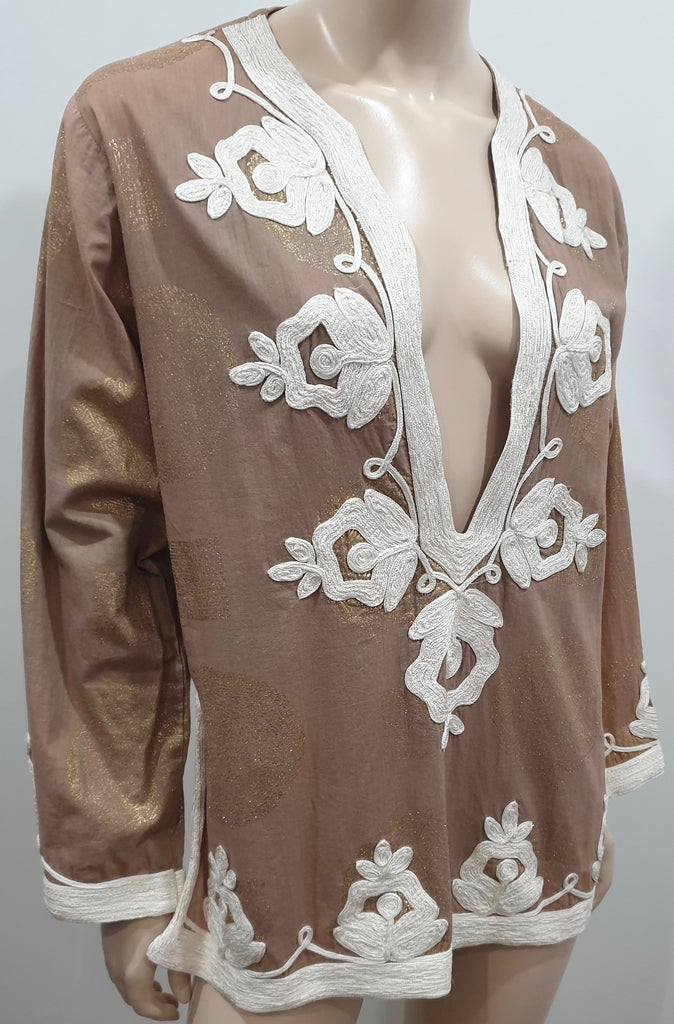 TAJ BY SABRINA CRIPPA Brown Gold Metallic & Cream Trim Embroidered Kaftan Top L