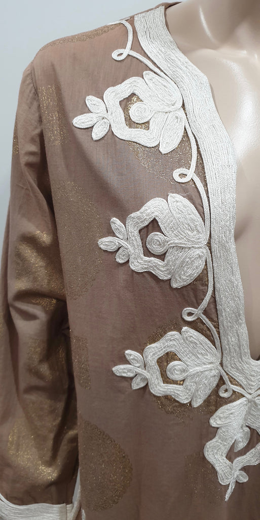 TAJ BY SABRINA CRIPPA Brown Gold Metallic & Cream Trim Embroidered Kaftan Top L