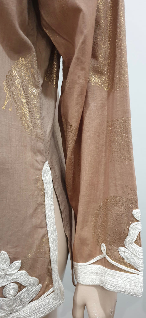TAJ BY SABRINA CRIPPA Brown Gold Metallic & Cream Trim Embroidered Kaftan Top L