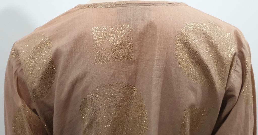 TAJ BY SABRINA CRIPPA Brown Gold Metallic & Cream Trim Embroidered Kaftan Top L