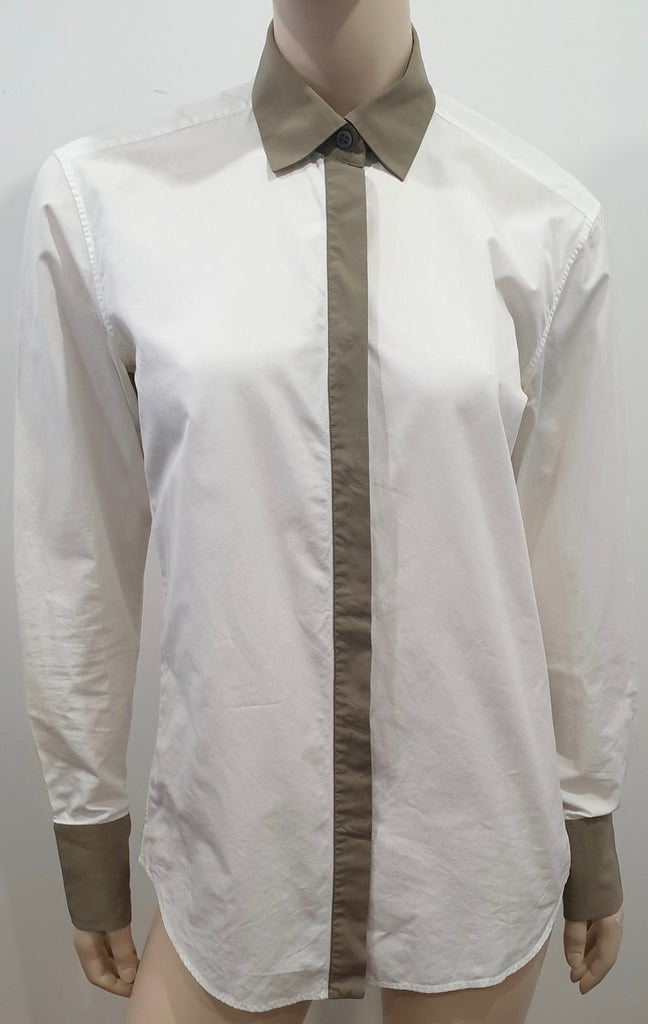 BALLY White & Beige Trim Cotton Collared Long Sleeve Formal Blouse Shirt Top 10