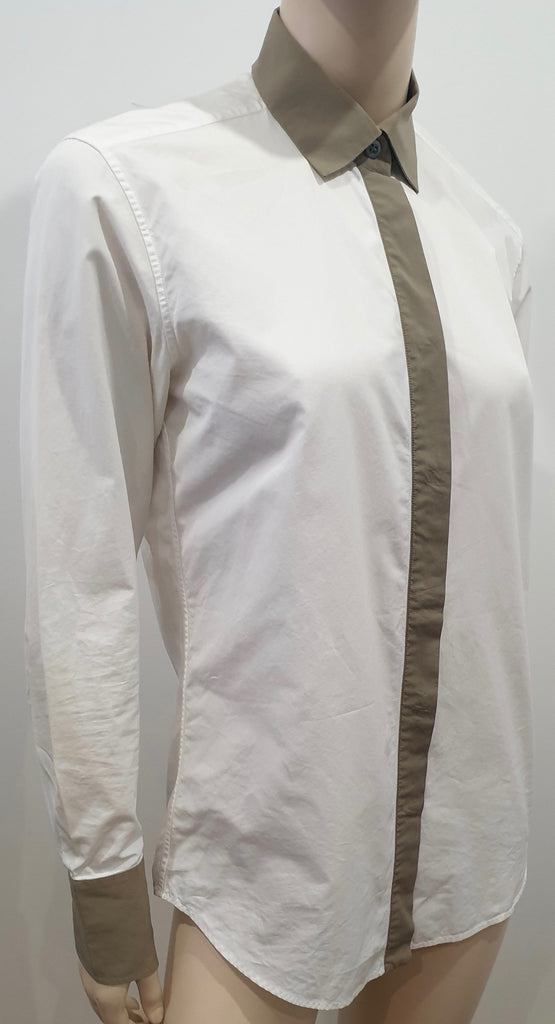 BALLY White & Beige Trim Cotton Collared Long Sleeve Formal Blouse Shirt Top 10