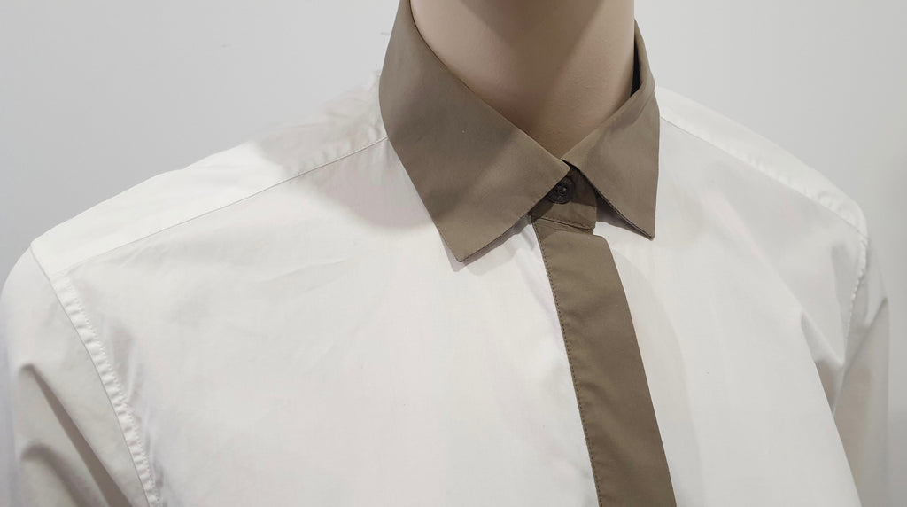 BALLY White & Beige Trim Cotton Collared Long Sleeve Formal Blouse Shirt Top 10