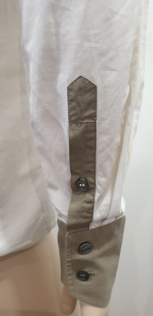 BALLY White & Beige Trim Cotton Collared Long Sleeve Formal Blouse Shirt Top 10