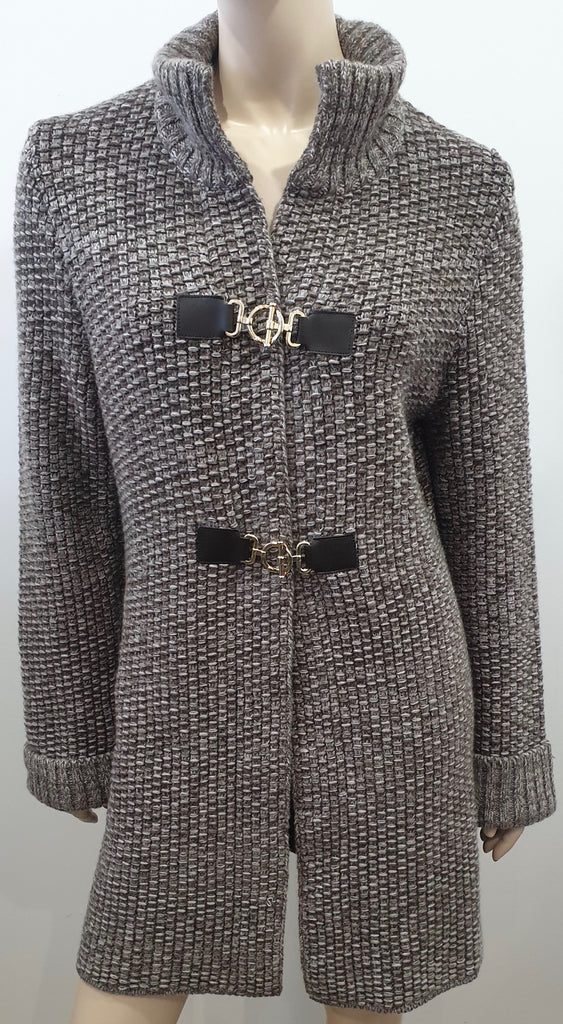 DORIANI CASHMERE Brown & Cream Chunky Knit Funnel Neck Long Cardigan 46 UK14