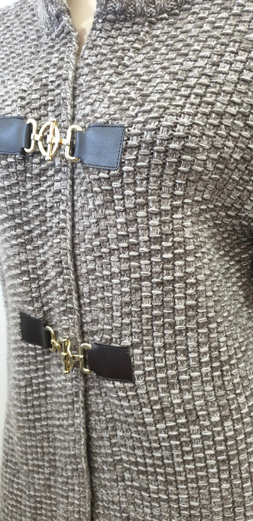 DORIANI CASHMERE Brown & Cream Chunky Knit Funnel Neck Long Cardigan 46 UK14