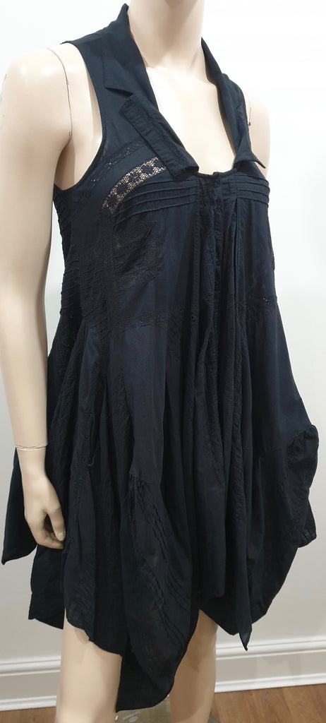 ALL SAINTS Black Cotton Collared Lace Trim Asymmetrical Hemline Tunic Blouse Top