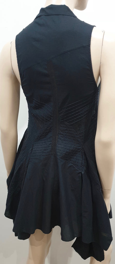 ALL SAINTS Black Cotton Collared Lace Trim Asymmetrical Hemline Tunic Blouse Top