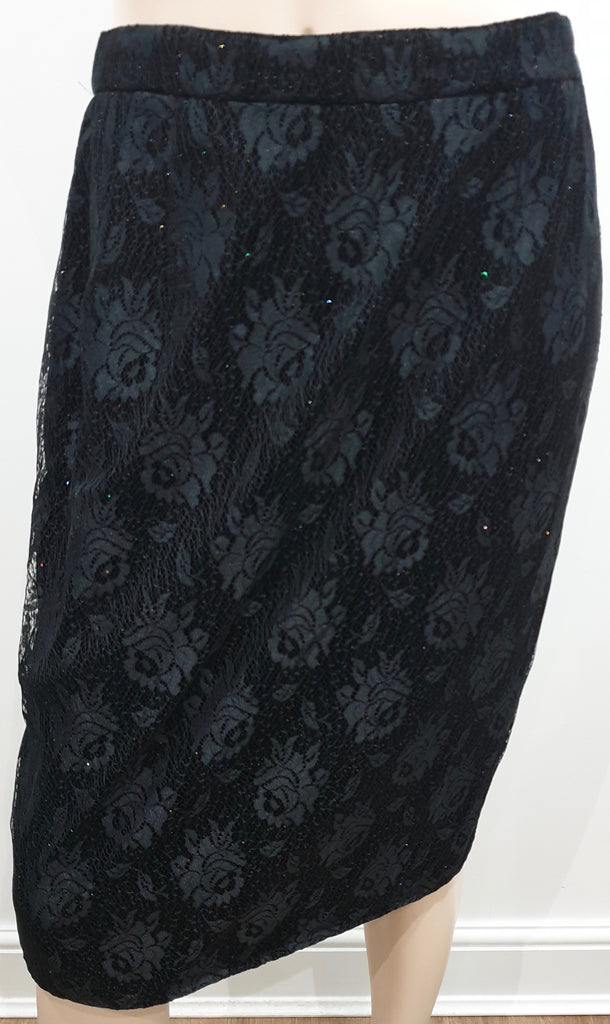 UNGARO PARALLELE PARIS Black Floral Lace Sparkle Detail Pencil Skirt UK12/14