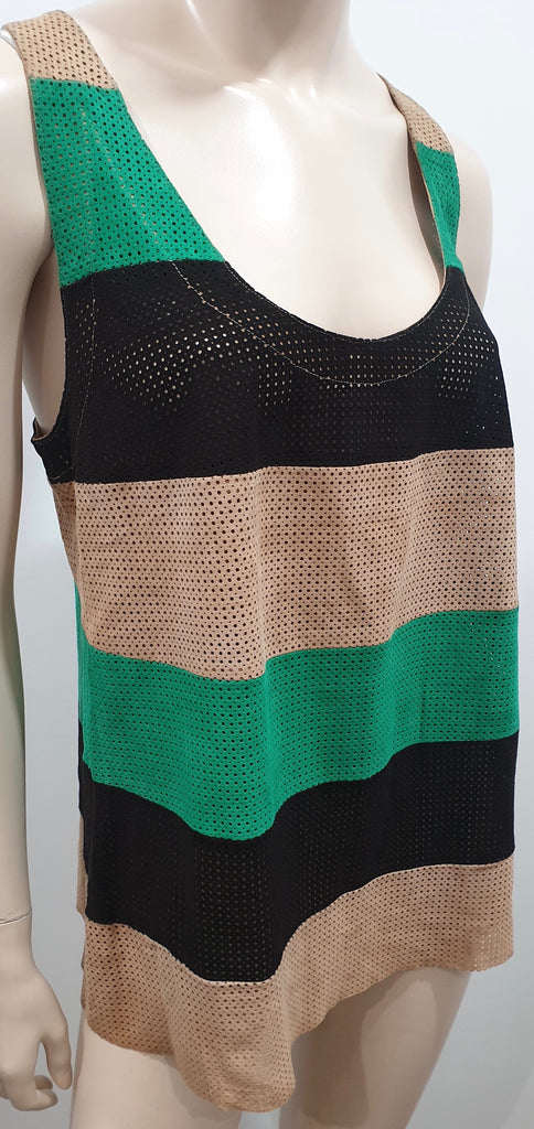 DROME Black Green & Beige Suede Leather Striped Perforated Cami Vest Tank Top L