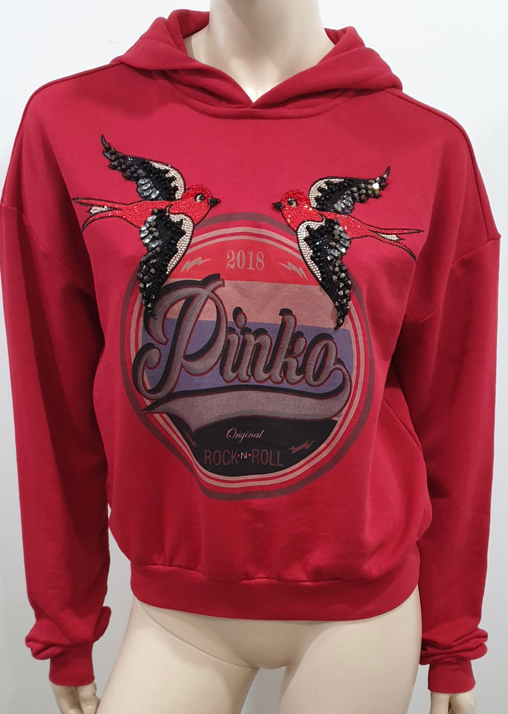 PINKO Women's Deep Red Cotton Sequin Bird Detail Hooded Sweater Hoodie Top S