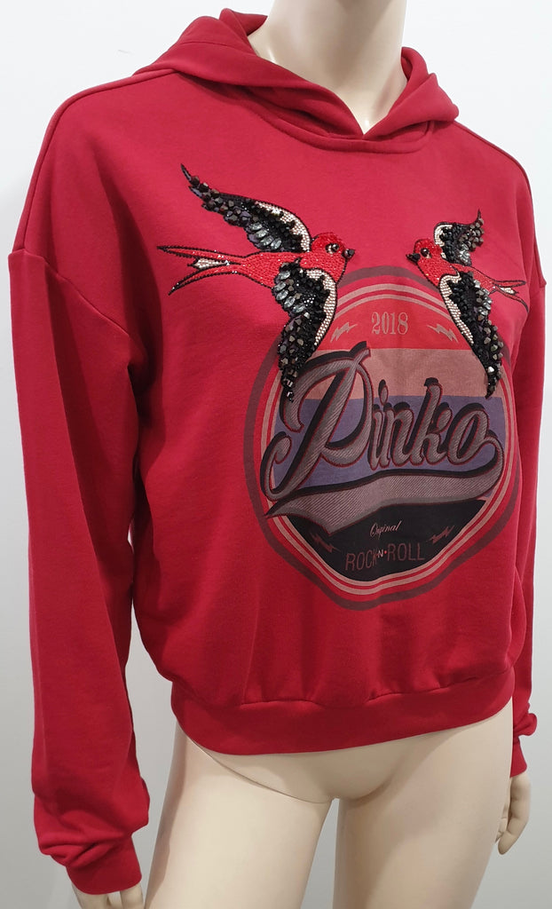 PINKO Women's Deep Red Cotton Sequin Bird Detail Hooded Sweater Hoodie Top S