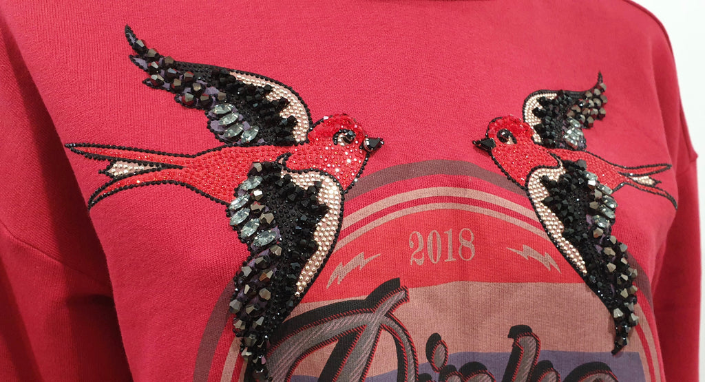 PINKO Women's Deep Red Cotton Sequin Bird Detail Hooded Sweater Hoodie Top S