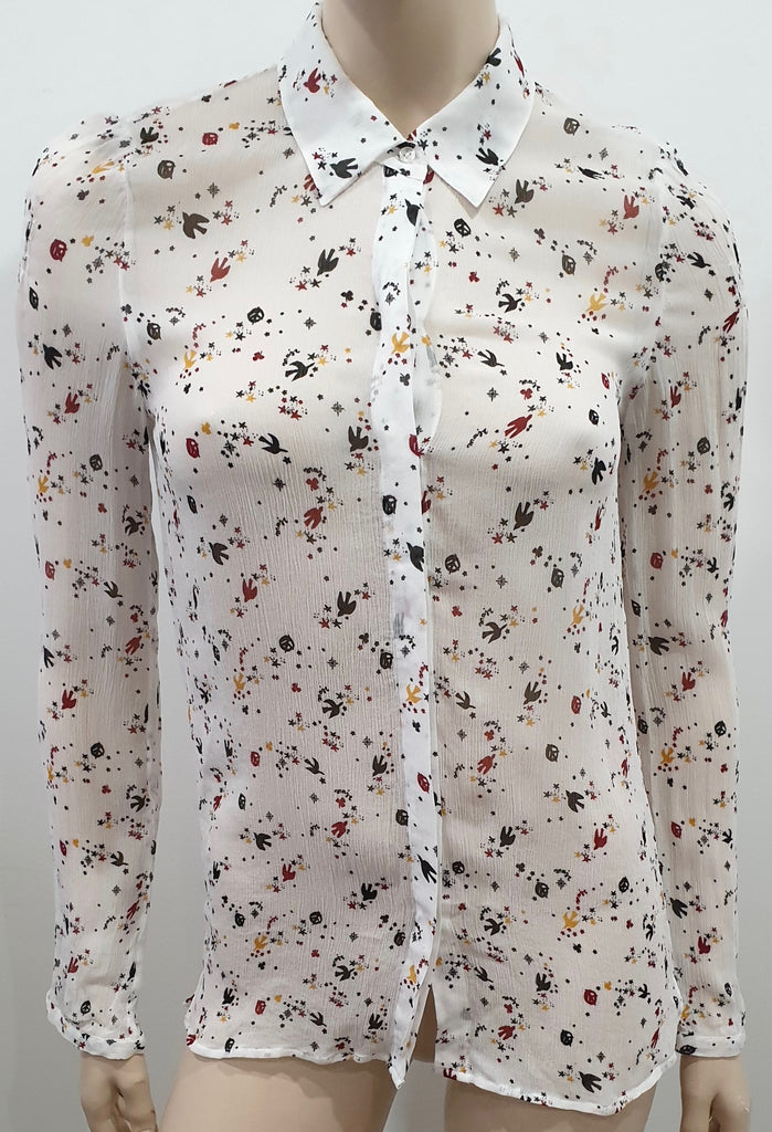 MAJE Women's White & Multicolour Bird Star Print Sheer Chiffon Blouse Shirt Top