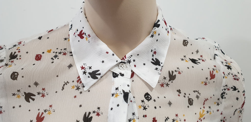MAJE Women's White & Multicolour Bird Star Print Sheer Chiffon Blouse Shirt Top