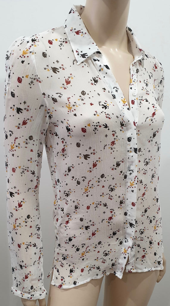 MAJE Women's White & Multicolour Bird Star Print Sheer Chiffon Blouse Shirt Top