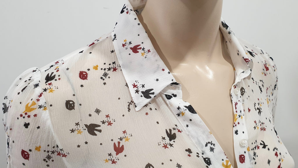 MAJE Women's White & Multicolour Bird Star Print Sheer Chiffon Blouse Shirt Top