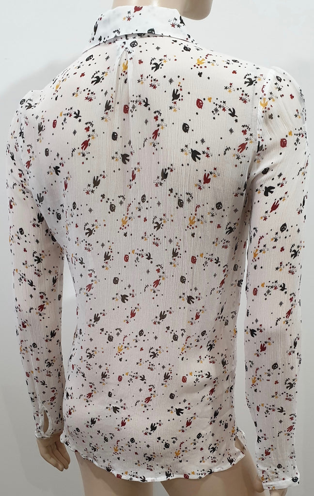 MAJE Women's White & Multicolour Bird Star Print Sheer Chiffon Blouse Shirt Top