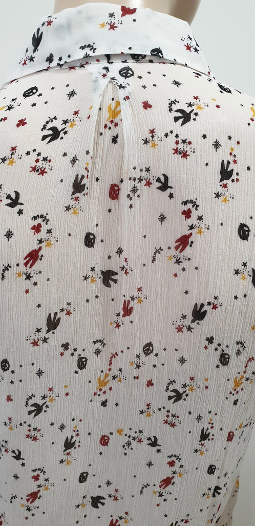 MAJE Women's White & Multicolour Bird Star Print Sheer Chiffon Blouse Shirt Top