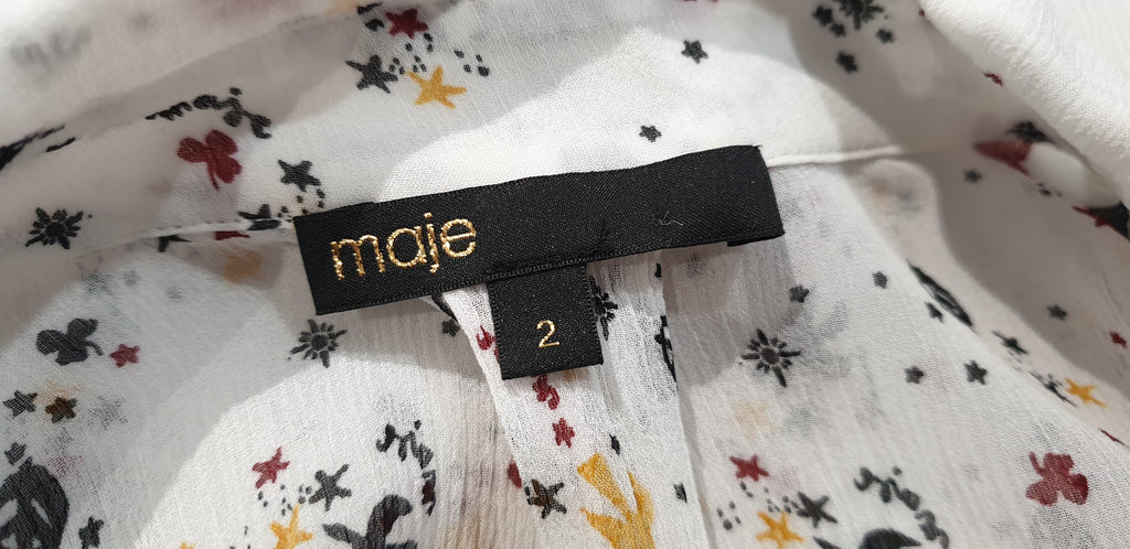 MAJE Women's White & Multicolour Bird Star Print Sheer Chiffon Blouse Shirt Top