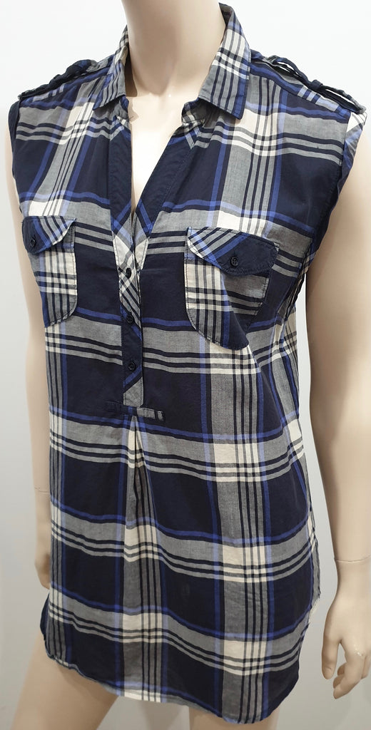 SANDRO Blue Grey White Checked Collared V Neck Sleeveless Blouse Shirt Top 3; L