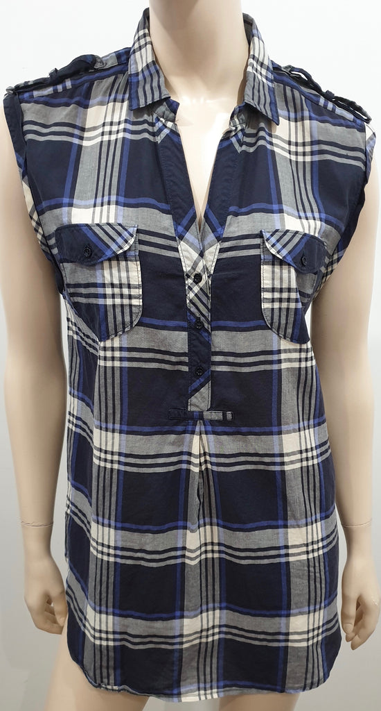 SANDRO Blue Grey White Checked Collared V Neck Sleeveless Blouse Shirt Top 3; L