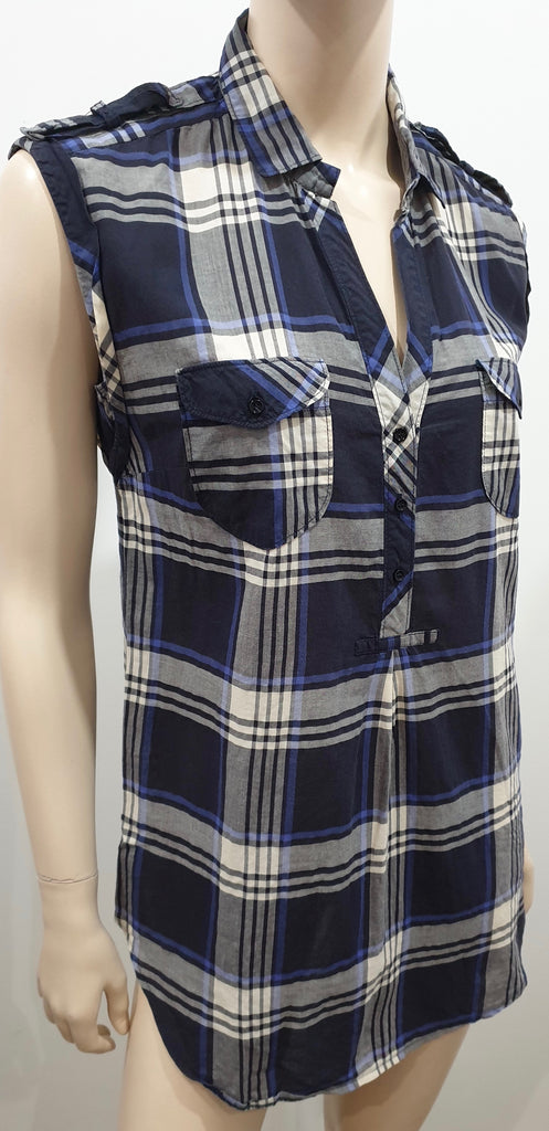 SANDRO Blue Grey White Checked Collared V Neck Sleeveless Blouse Shirt Top 3; L