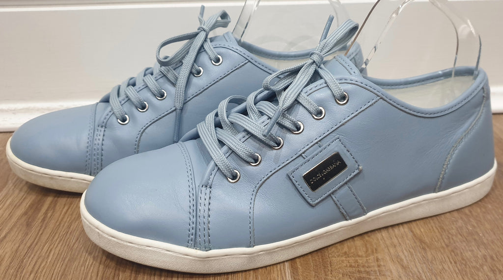 DOLCE & GABBANA Women's Powder Blue Leather Branded Sneakers Trainers UK6