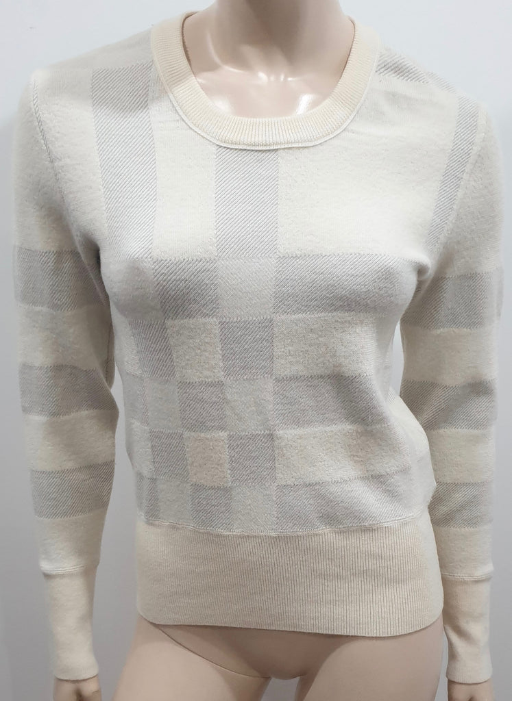 BURBERRY LONDON Cream Wool Blend Check & Stripe Pattern Jumper Sweater S/P