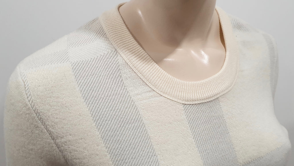 BURBERRY LONDON Cream Wool Blend Check & Stripe Pattern Jumper Sweater S/P