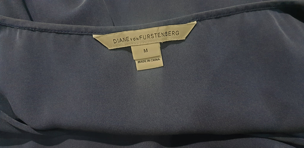 DIANE VON FURSTENBERG Navy Blue Silk Blend Short Draped Sleeve Mini Dress M