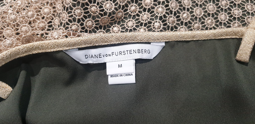 DIANE VON FURSTENBERG Gold ALVERA Metallic Sparkle Guipure Lace Mini Dress M