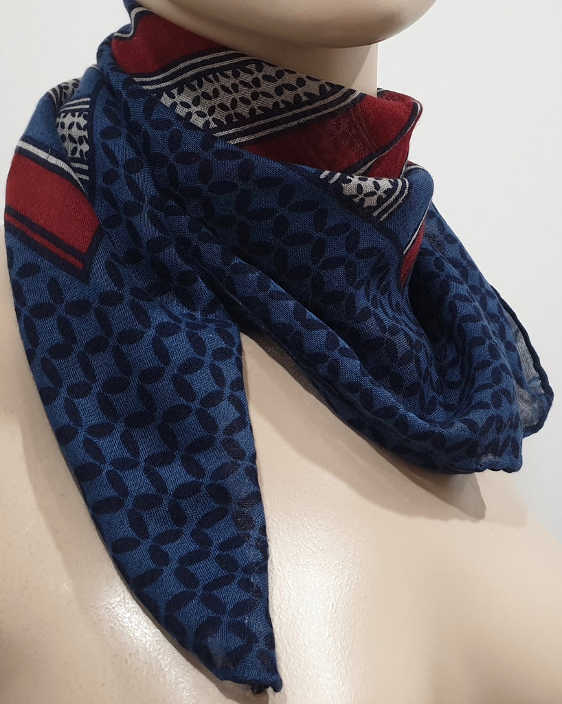 LANVIN Vintage Blue Red & White Geometric Print Square Neckerchief Scarf