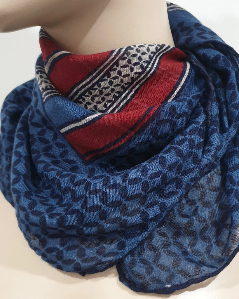 LANVIN Vintage Blue Red & White Geometric Print Square Neckerchief Scarf