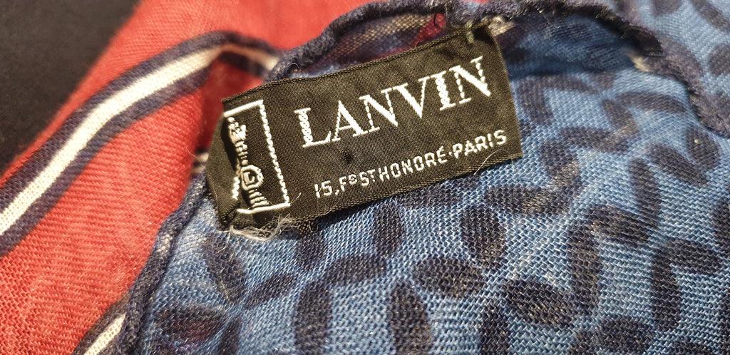 LANVIN Vintage Blue Red & White Geometric Print Square Neckerchief Scarf