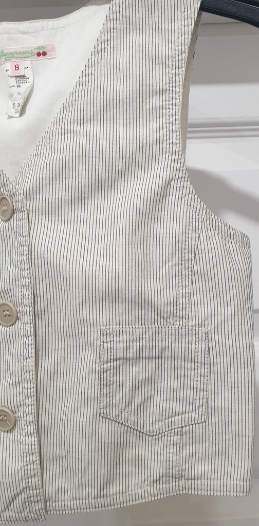 BONPOINT Junior Girl's Cream & Grey Cotton Pinstripe Sleeveless Waistcoat Top 8Y