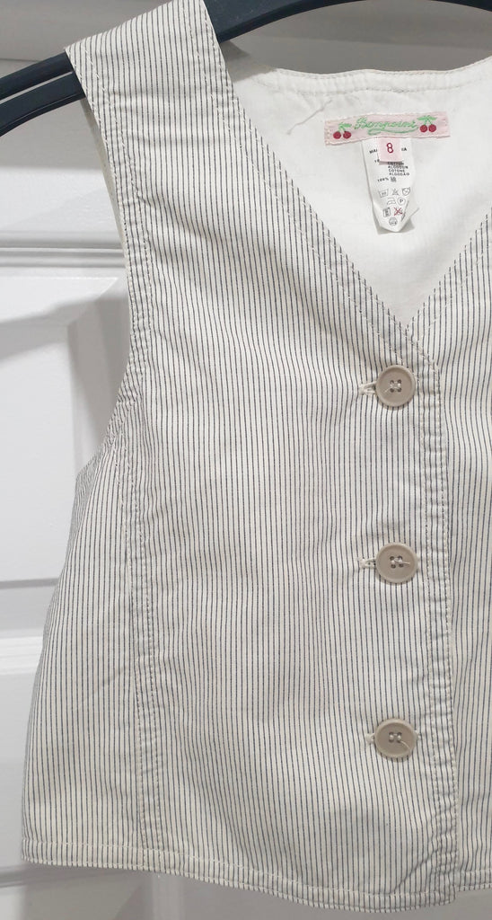 BONPOINT Junior Girl's Cream & Grey Cotton Pinstripe Sleeveless Waistcoat Top 8Y